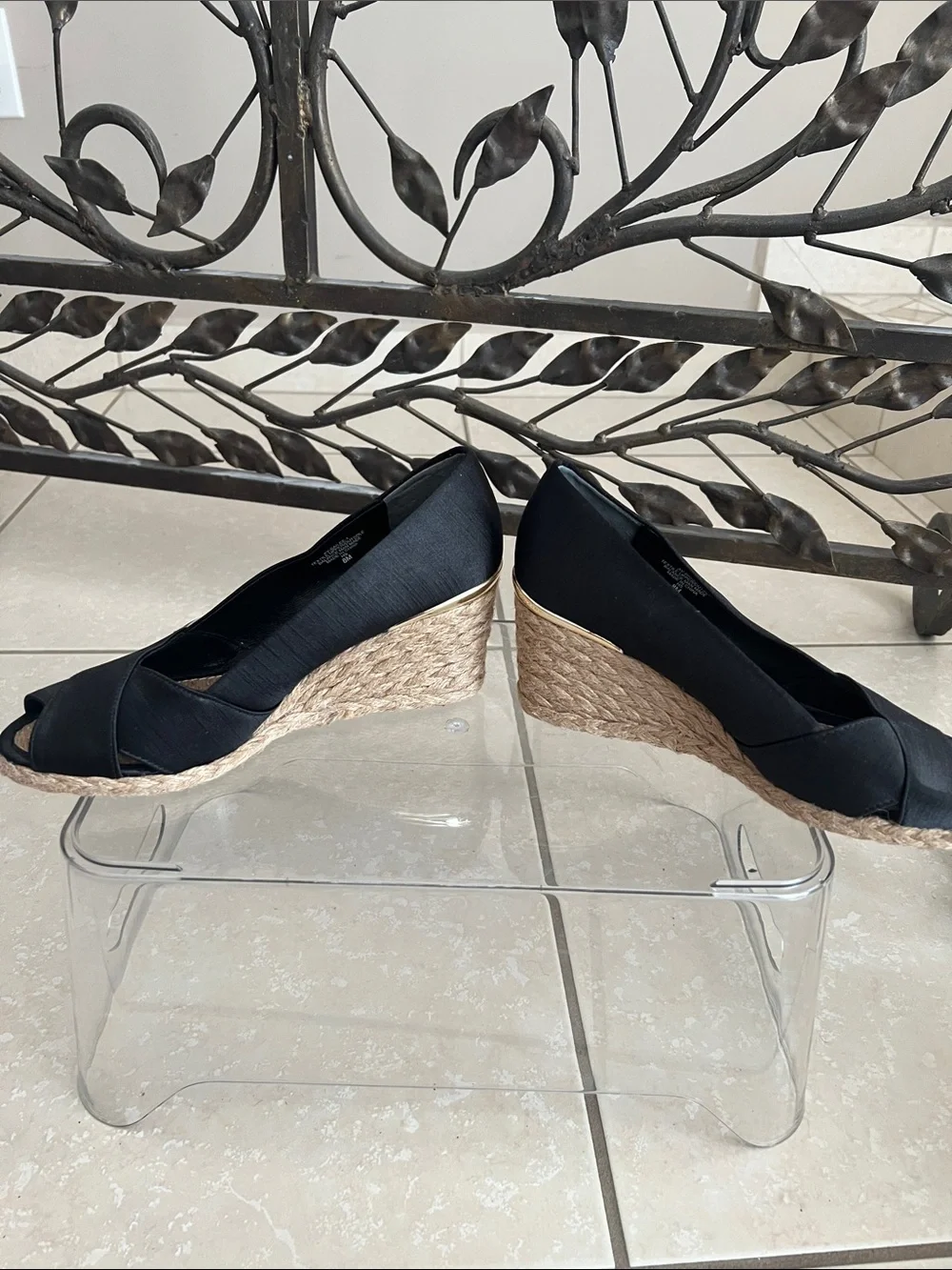 Adrienne Vittadini Black Espadrille Wedge Peep-Toe Heels